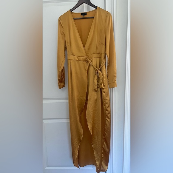 PrettyLittleThing romper with wrap dress overlay mustard yellow satin size 8 - Picture 1 of 12